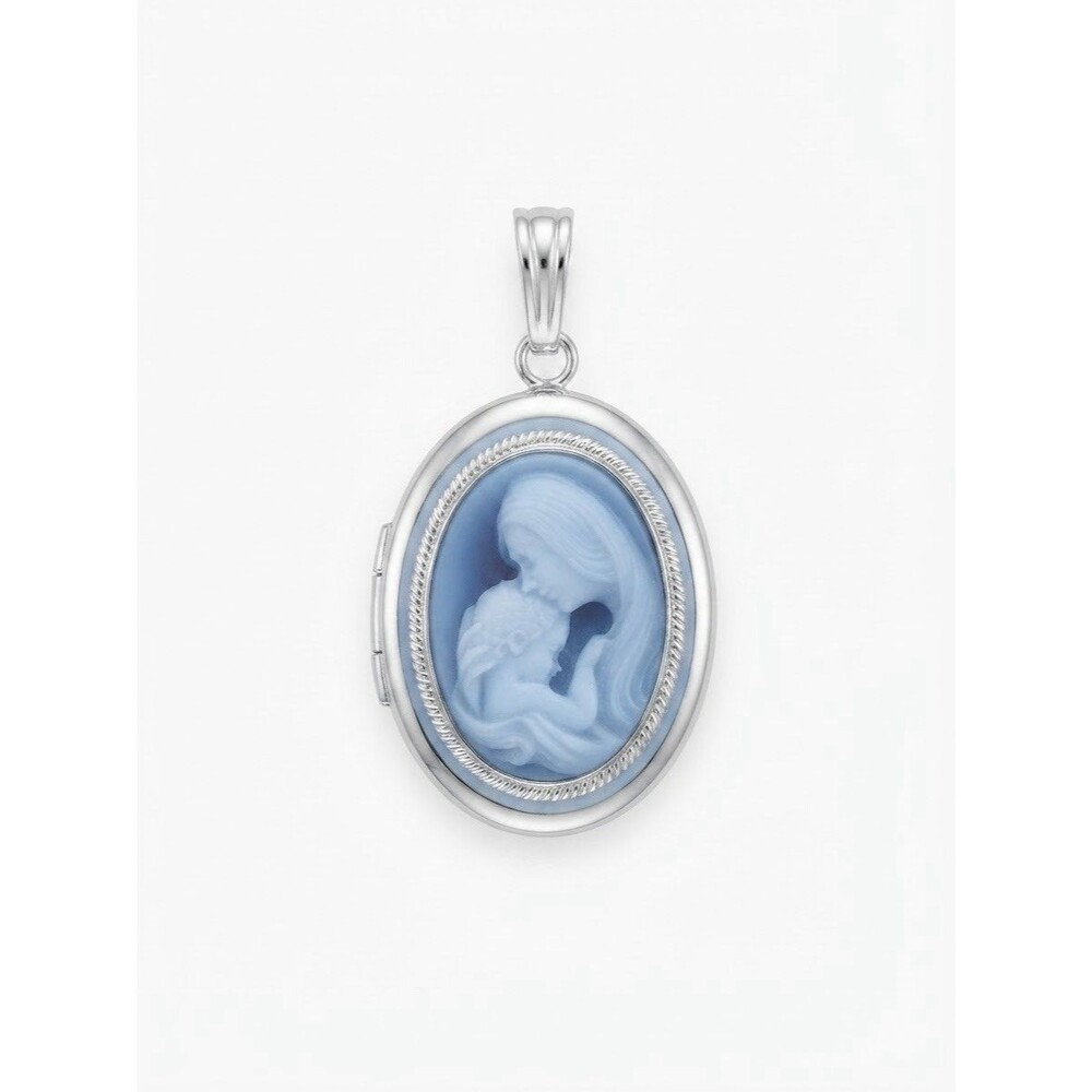 (RB2) New 14K White Gold Blue Agate Cameo Locket Pendant Mother & Child Jewelry